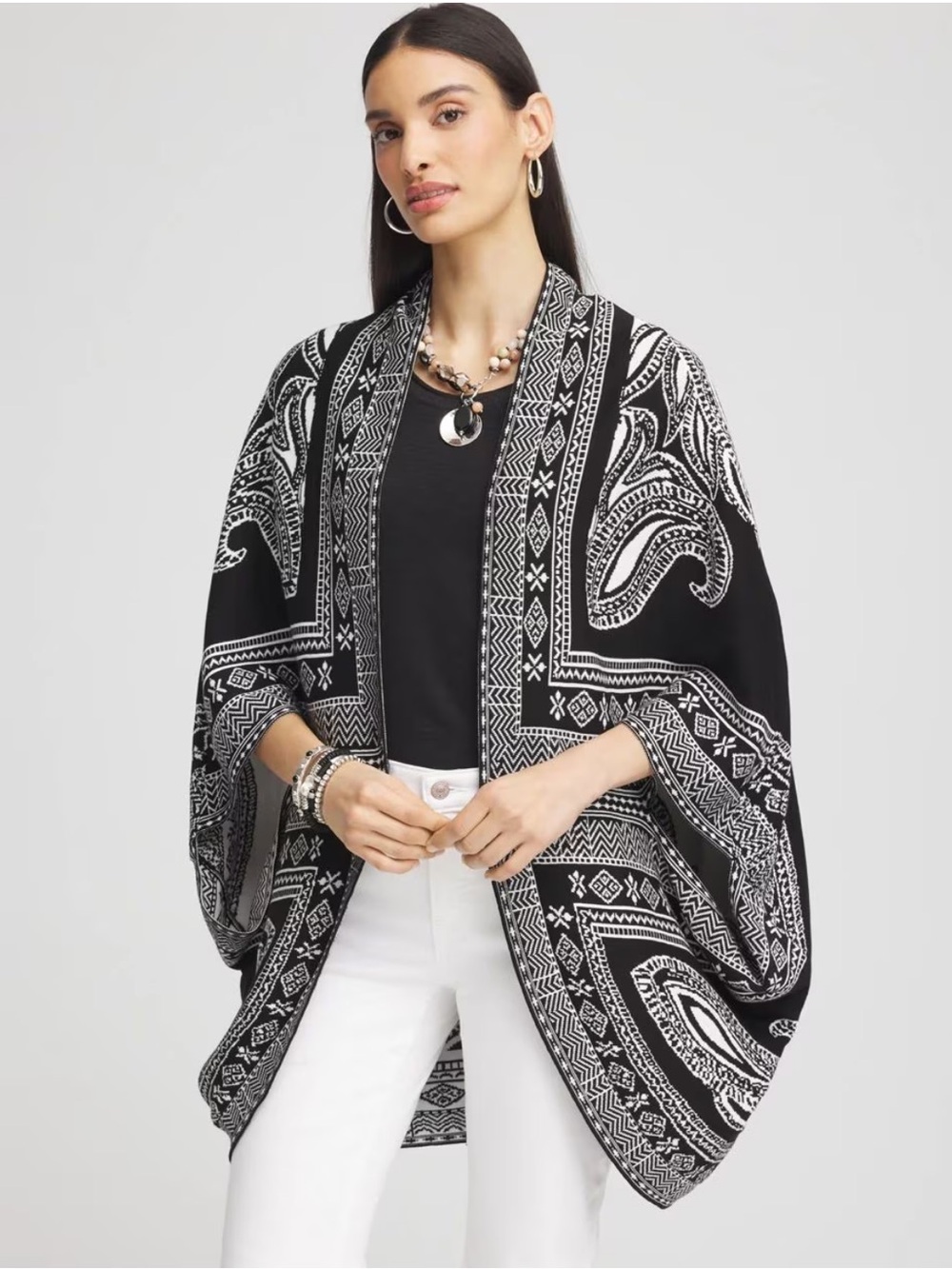 Chico’s Oversized Paisley Ruana Boho Pancho Sweater S/M